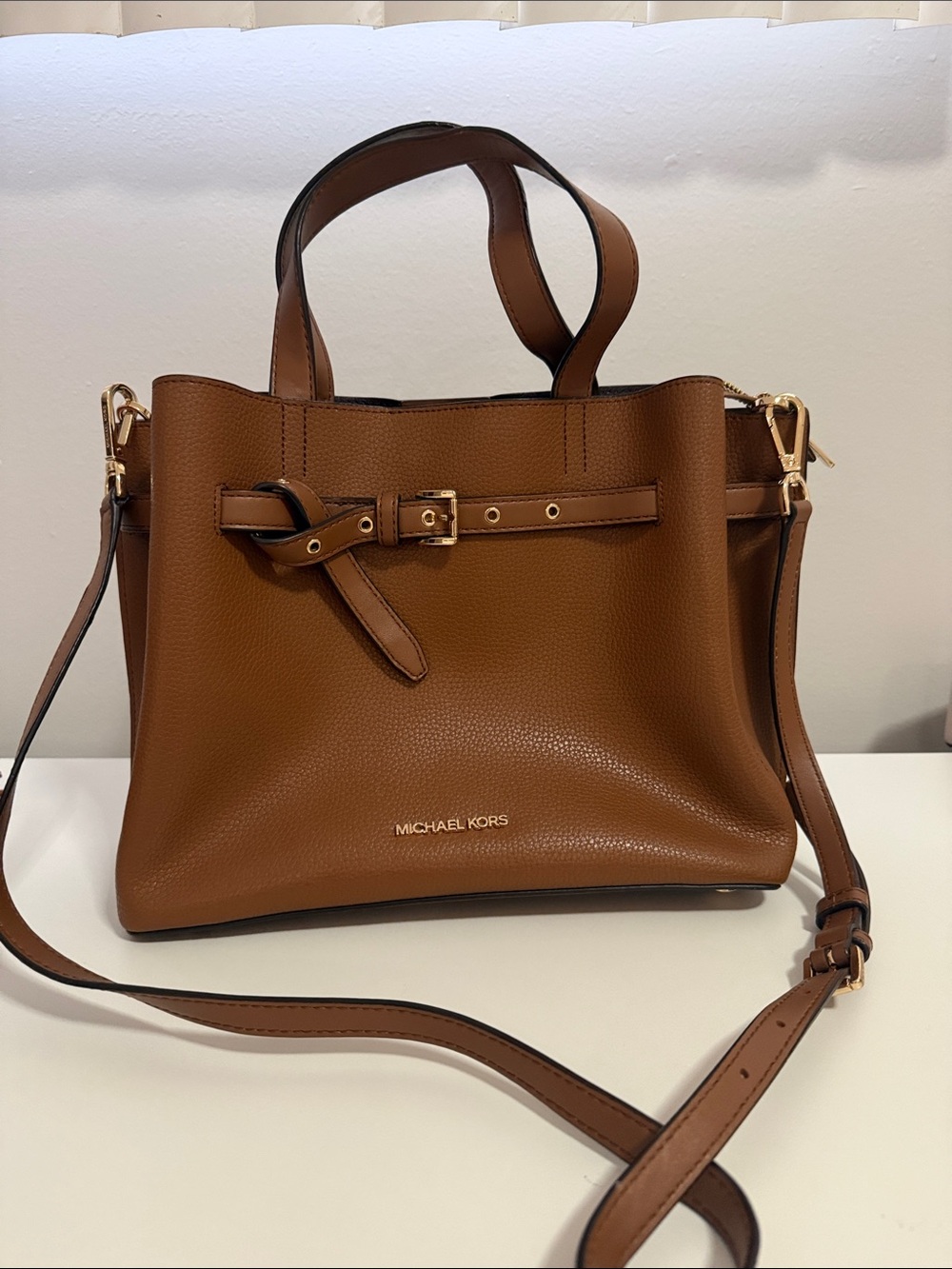 Michael Kors Brown Pebbled Leather Belt-Detail Shoulder Bag